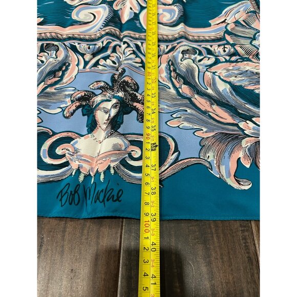 Bob Mackie Designer Angel Print Silk Scarf Square Blue Teal Multi Wrap NWB - Picture 8 of 11